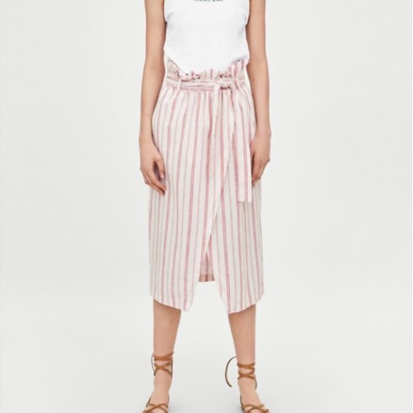 Zara White Red Striped Linen High Waisted Midi Bow Tie Paper Bag Wrap Skirt - Picture 2 of 9